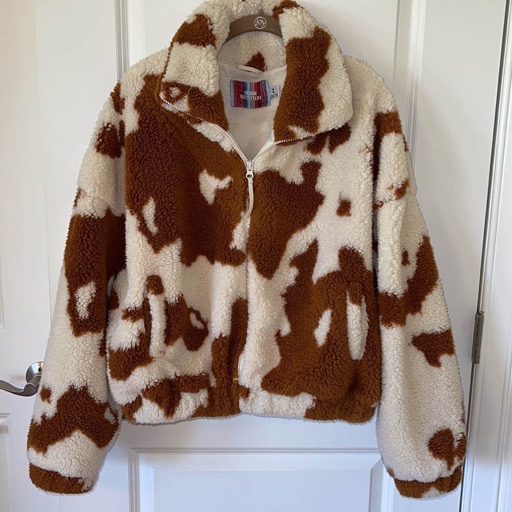 Urban outfitters cow print teddy zip up jacket